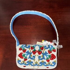 White Beaded Shoulder Bag with Red Floral Beadwork